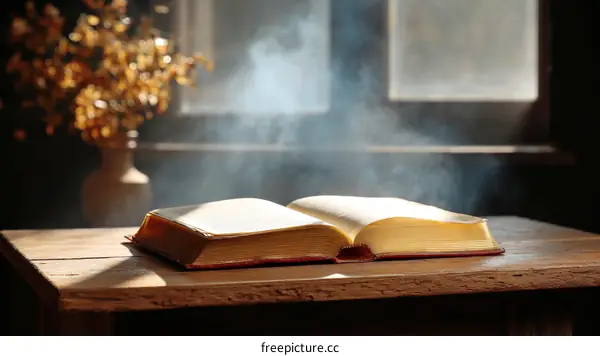 Open Book on Wooden Table with Sunlight and Smoke