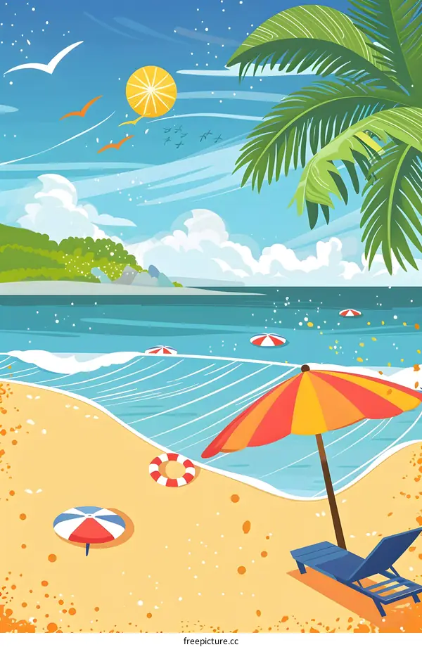 Summer Beach Illustration with Palm Tree and Sun