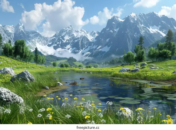 Tranquil Mountain Lake with Blooming Meadow