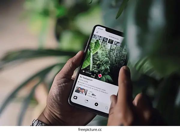 Person using mobile phone with nature photos on screen