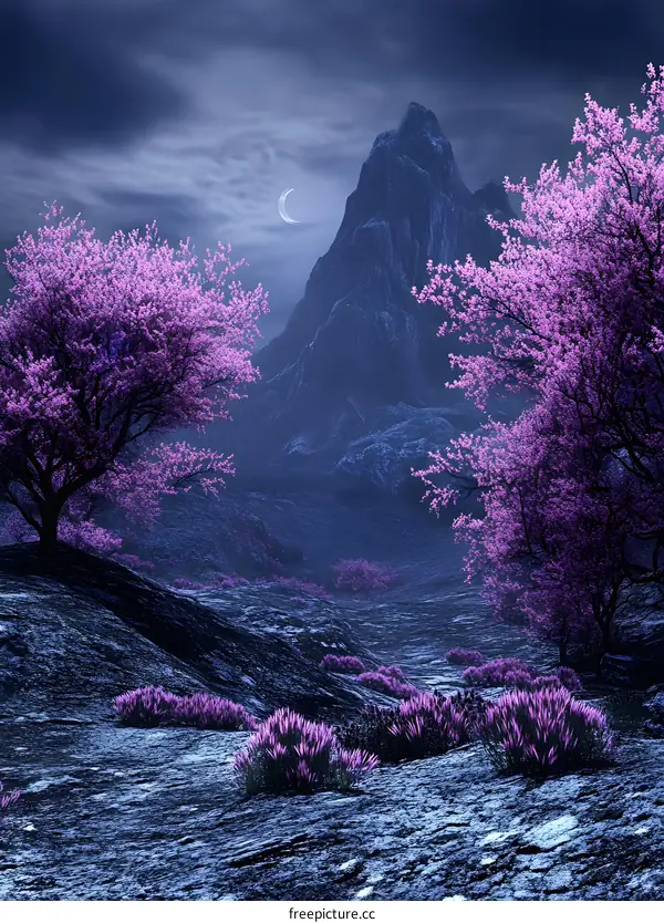 Night Scene with Purple Flowers and a Mountain