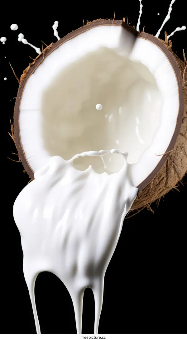 Coconut Milk Splashing Out of a Coconut