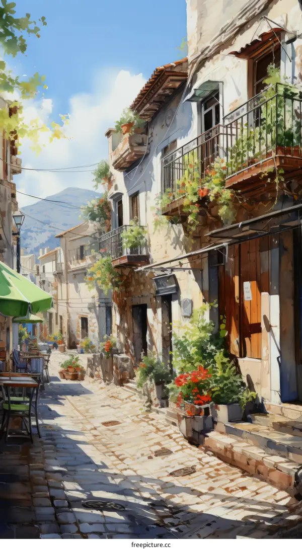 An illustration of a narrow street in a small town