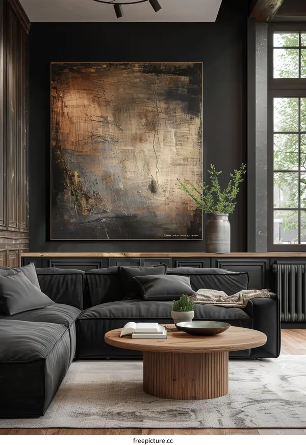Modern Living Room with Dark Tones and Stylish Decor