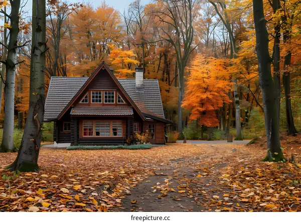 A cabin in the woods in the fall