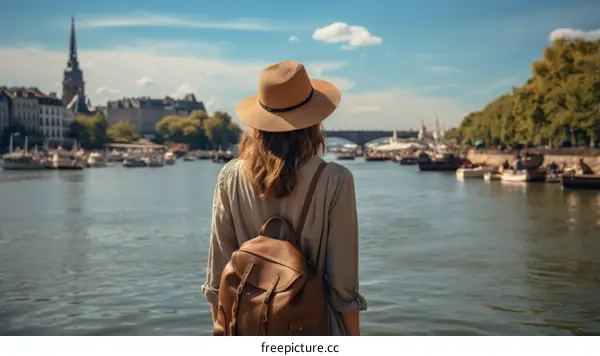 A woman standing with her back to the camera, looking out at a river in Paris