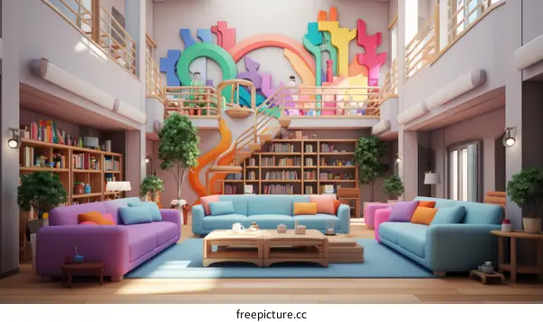 Colorful Living Room with Bookshelf and Spiral Staircase