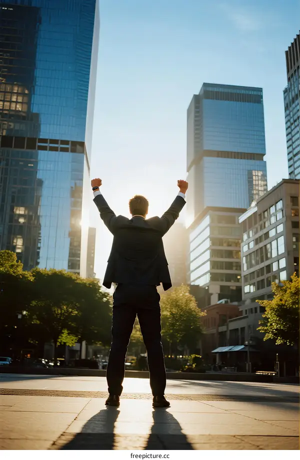 Successful Businessman Standing with Arms Raised in Urban Setting