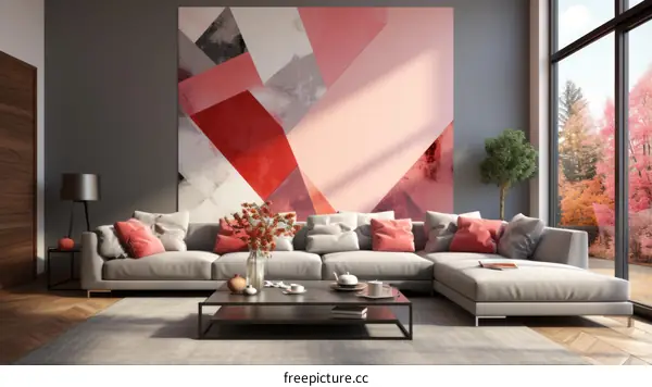 Modern Living Room Interior with Pink and Grey Geometric Wall Art