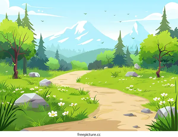 Green Forest Path Leading to Mountains