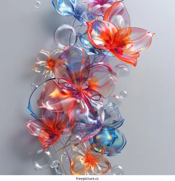 3D rendering of colorful flowers made of glass