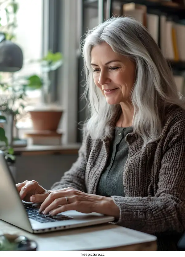 Senior Woman Working on Laptop at Home