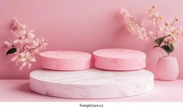 Pink Marble Display Stand with Flowers