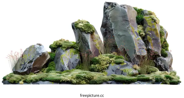 Green Mossy Rocks Isolated On White Background