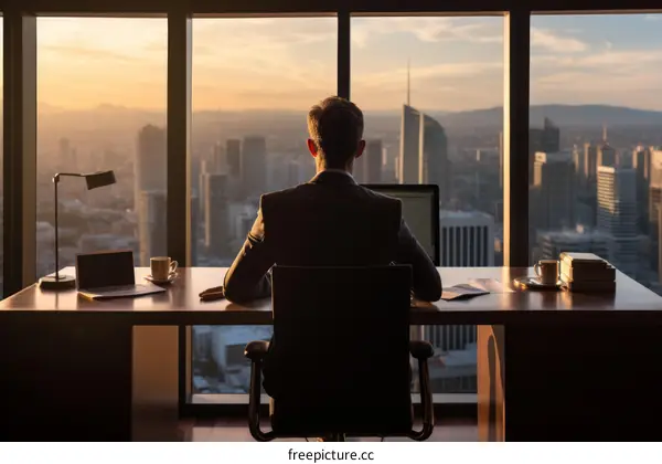 Businessman looking at the city from his office window