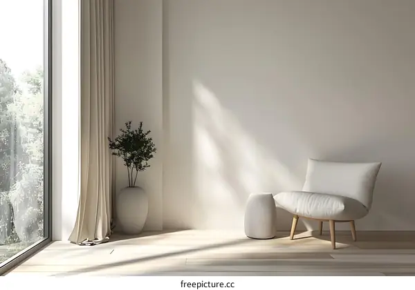 Minimalist Living Room Interior Design with White Chair and Green Plant