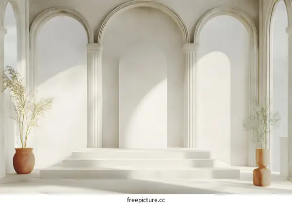 White Minimalist Archway with Three Arches and Two Plants