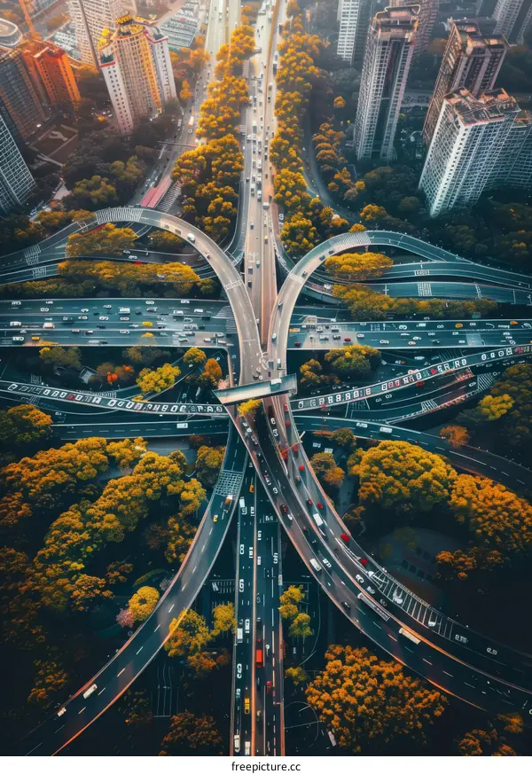 Shanghai Lujiazui Complex Urban Road Interchange with Autumn Trees