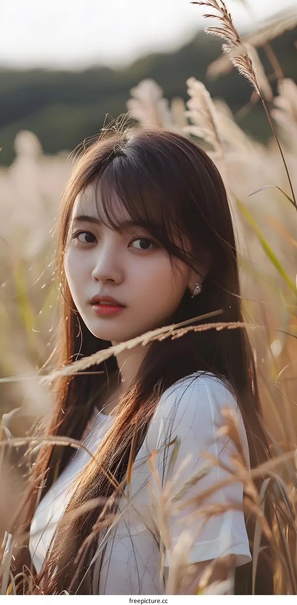 Asian Woman in White Shirt Looking at Camera in Field of Grass