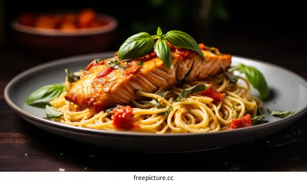 A delicious and healthy meal of salmon and pasta with basil