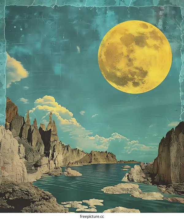 Surreal Landscape with Large Yellow Moon