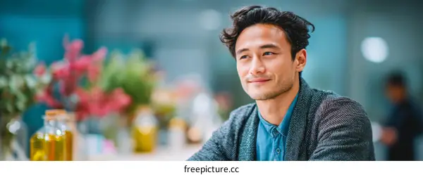 Asian Man Smiling Portrait in Cafe Setting