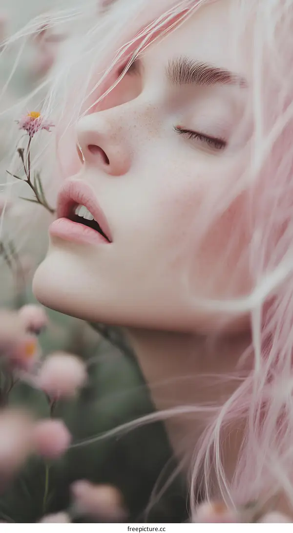 Pink Hair Woman Holding Flowers With Eyes Closed