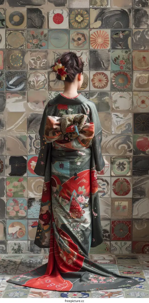 Woman in Traditional Japanese Kimono with Colorful Pattern Standing in Front of Wall with Tile