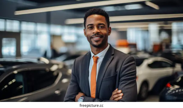 Portrait of a smiling African-American car salesman standing in a car dealership with his arms crossed.
