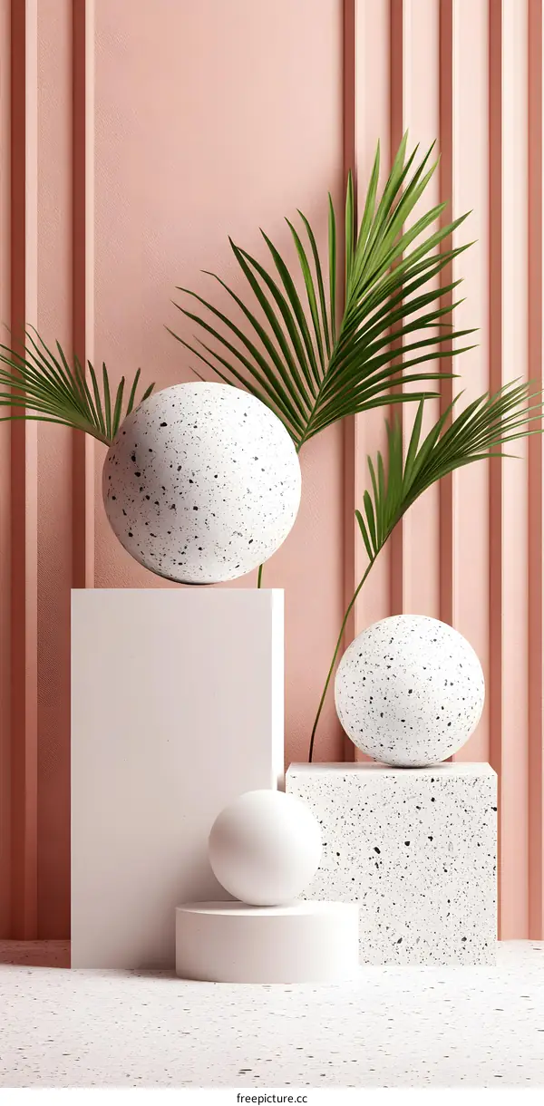Abstract Minimalist Design with White Spheres and Palm Leaves