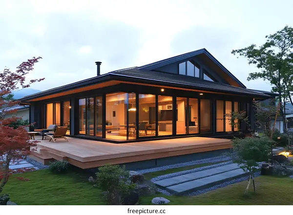 Modern Japanese Home With Large Windows and Deck