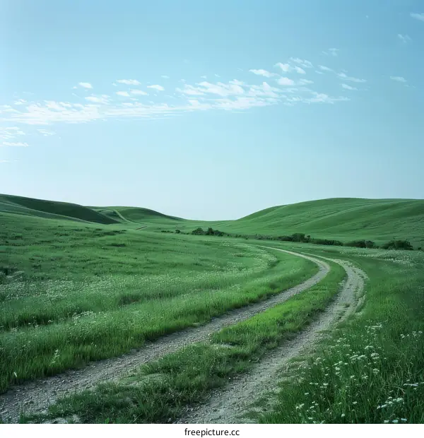 Curving dirt road through grassy hills