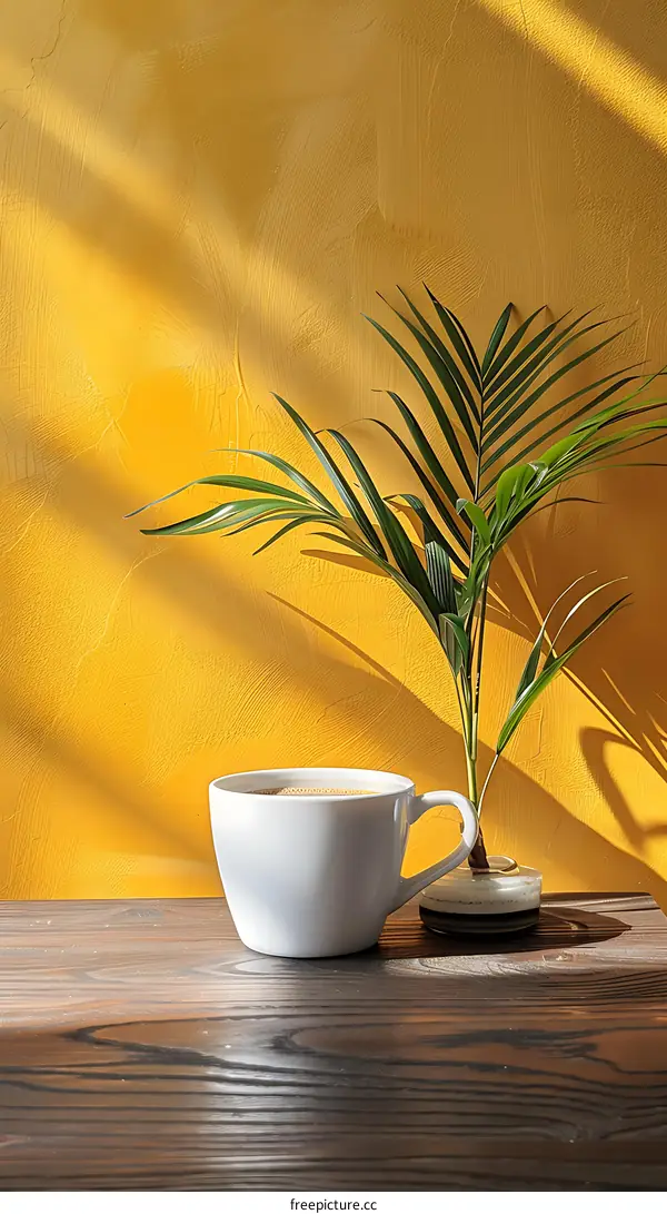 White Coffee Cup with Palm Leaf on Yellow Wall Background