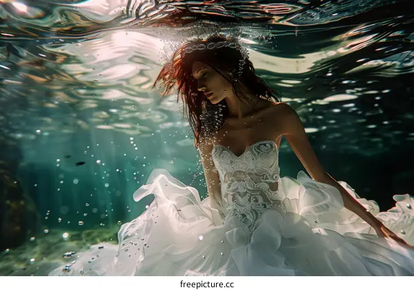 A woman in a white wedding dress is sitting underwater with her eyes closed.