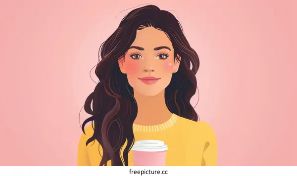 A young woman with long brown hair is drinking coffee