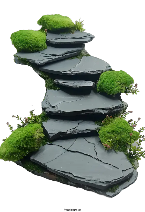[Transparent Background PNG]Green Moss and Slate Stone Pathway