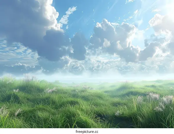 Expansive Prairie Landscape with White Clouds