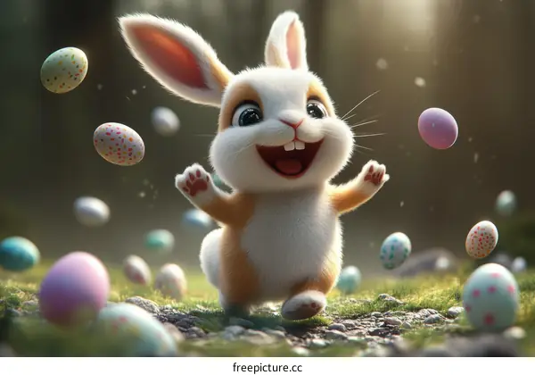 Cute Cartoon Easter Bunny with Colorful Eggs