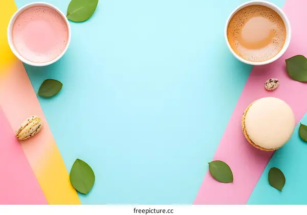 Flat Lay with Coffee, Macaron, and Leaves on Colorful Background