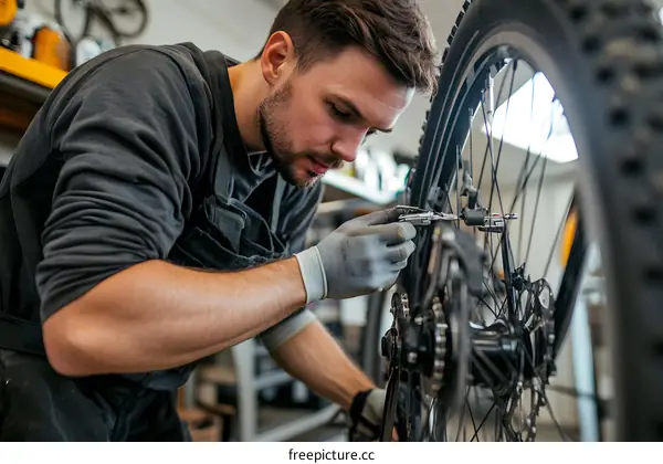 Bike Mechanic Working on a Bicycle Wheel