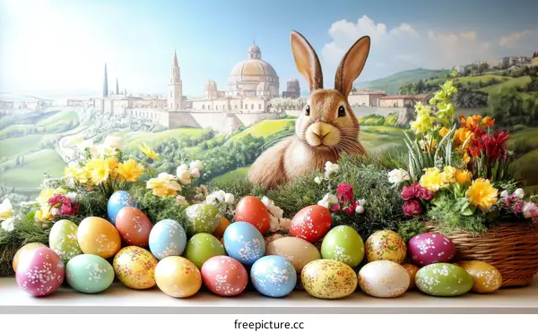 Easter Eggs with Bunny and Floral Decorations