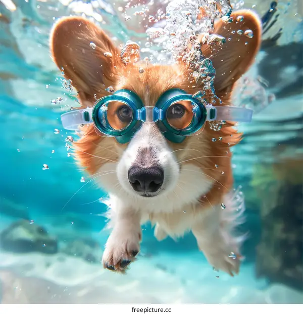 A cute corgi dog wearing swimming goggles swims underwater