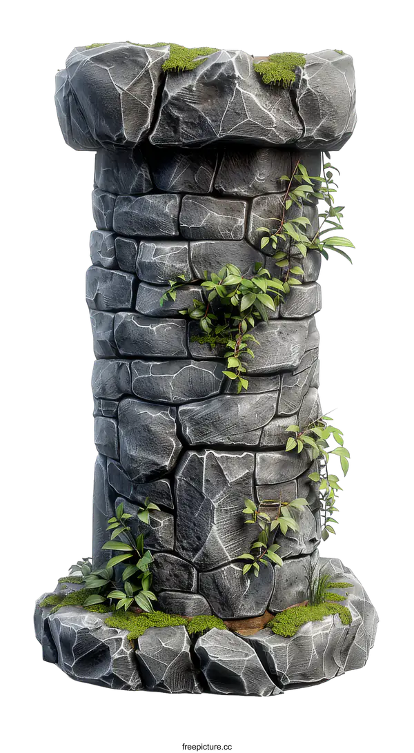 [Transparent Background PNG]Ancient Stone Pillar with Moss and Vines