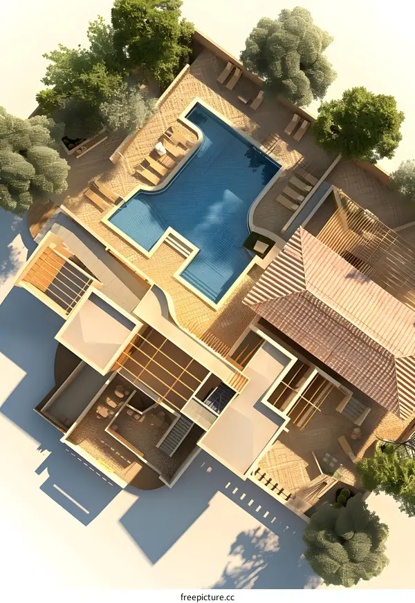 Aerial View of a Modern House with Swimming Pool