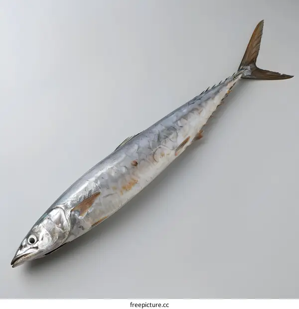 A large Pacific saury on a white background