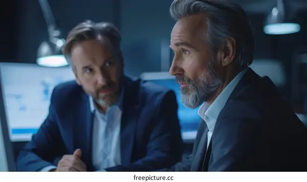 Two businessmen in suits looking at computer monitors