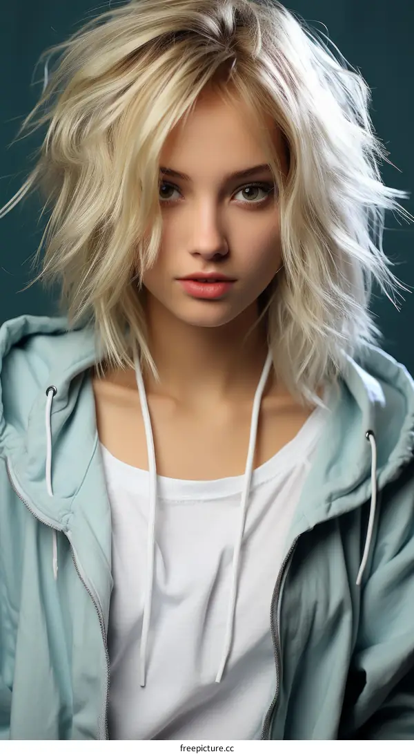 Portrait of a young blonde woman in a white shirt and blue hoodie