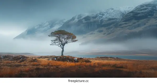 A lone tree stands in a field of grass with a mountain in the background