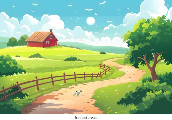 Farmhouse with Winding Road and Two Sheep