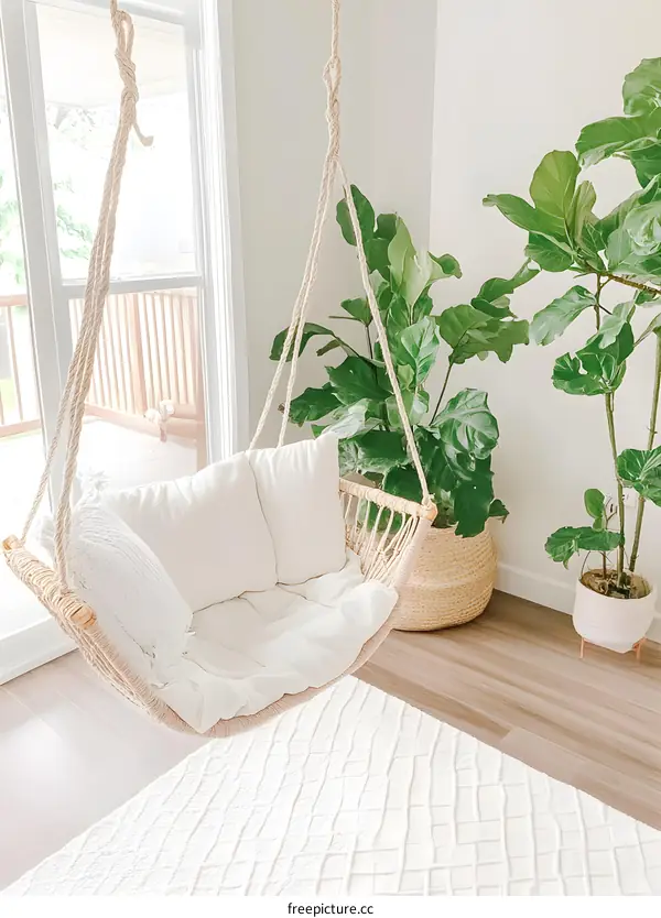 White Hanging Chair With Plants In A Room